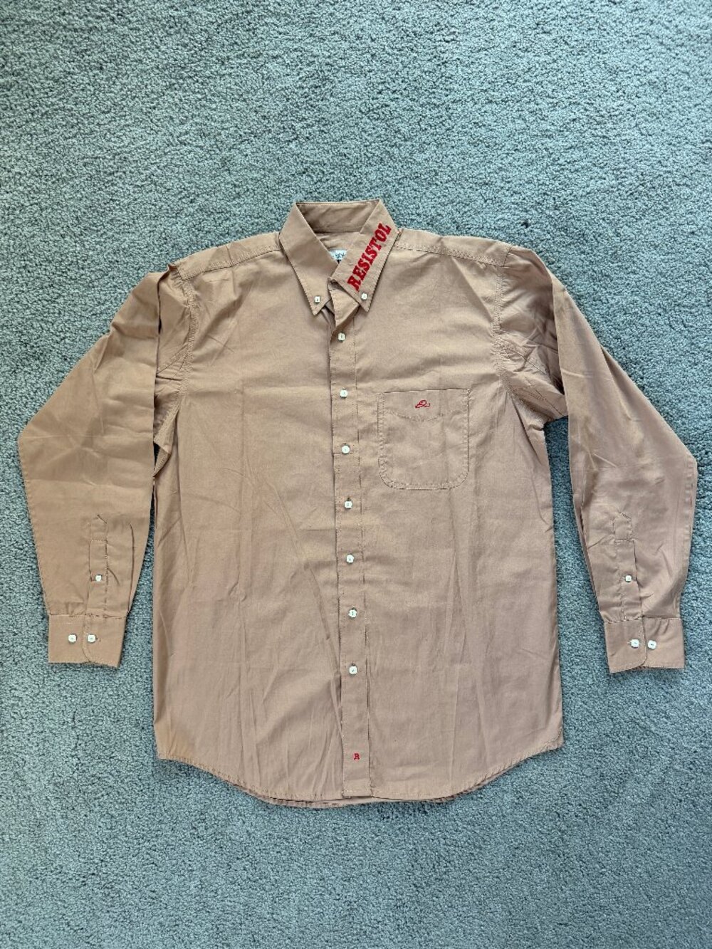 Vintage Resistol Ranch Western Rodeo Shirt Cotton Tan Red Spell Out Logo Men M